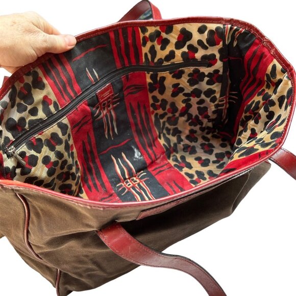 burberry brown distressed cotton canvas red leather ethnic print lined t… - Picture 3 of 8